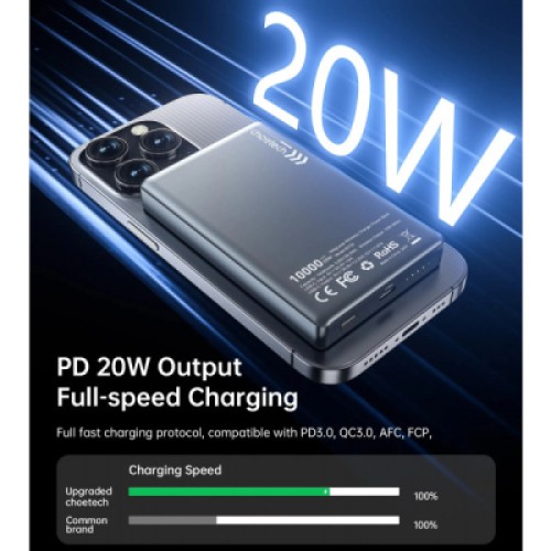 Батарея универсальная Choetech Magnetic Wireless 10000mAh 20W, PD, Qi-15W, USB-C In/Out, Ultra-thin, Black (B739-CCBK)