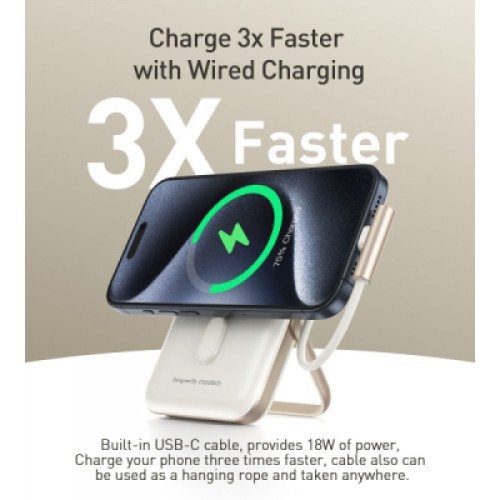 Батарея универсальная Choetech Magnetic Wireless 10000mAh 20W, PD, Qi-15W, USB-C In/Out, buid-in cabel, White (B735-CCWH)