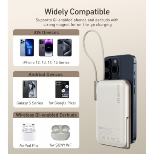 Батарея универсальная Choetech Magnetic Wireless 10000mAh 20W, PD, Qi-15W, USB-C In/Out, buid-in cabel, White (B735-CCWH)
