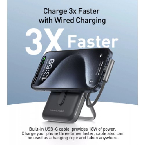 Батарея универсальная Choetech Magnetic Wireless 10000mAh 20W, PD, Qi-15W, USB-C In/Out, build-in cabel, Black (B735-CCBK)