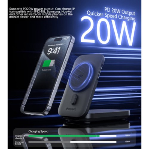 Батарея универсальная Choetech Magnetic Wireless 10000mAh 20W, PD, Qi-2 15W, USB-C, Lightning, Apple Watch charger (B750-CCBK)