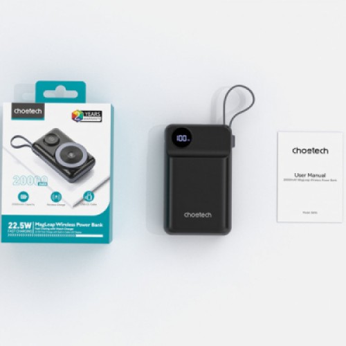 Батарея универсальная Choetech Magnetic Wireless 20000mAh 22.5W, PD, QC/3.0, Apple Watch charger, Black (B696-BK)