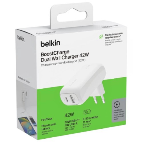 Зарядное устройство Belkin 42W USB-C PD PPS 30W USB-A 12W white (WCB009VFWH)