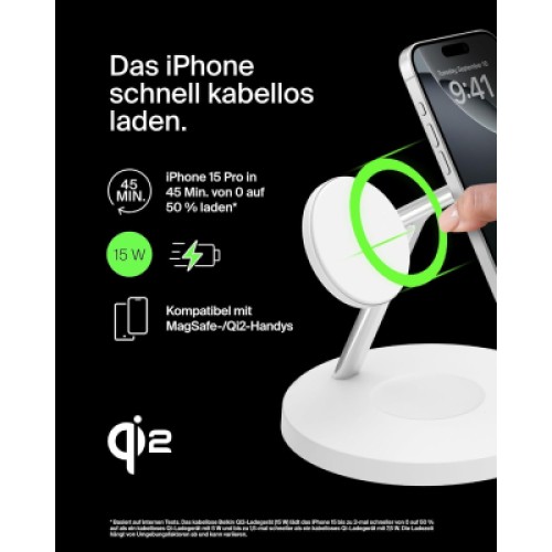 Зарядное устройство Belkin 3in1 Magnetic Pad Qi2 15W White (WIZ032KQWH)