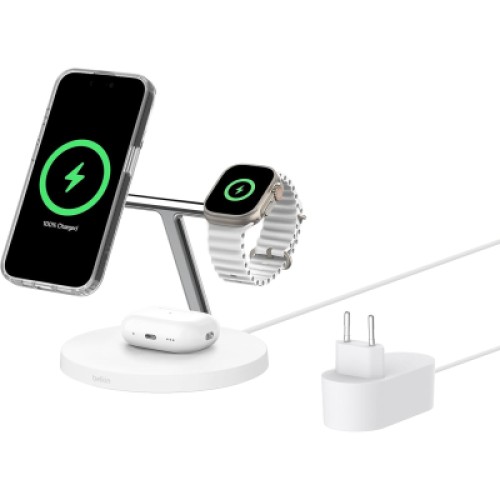 Зарядное устройство Belkin 3in1 Magnetic Pad Qi2 15W White (WIZ032KQWH)