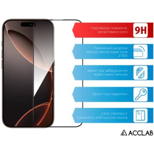 Стекло защитное ACCLAB Full Glue Apple iPhone 16 Pro Black (1283126593277)