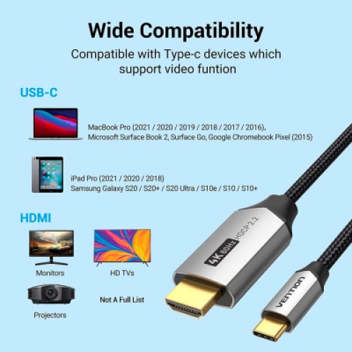 Кабель мультимедийный USB-C to HDMI Cotton Braided Aluminum 1.0m black Vention (CRBBF)