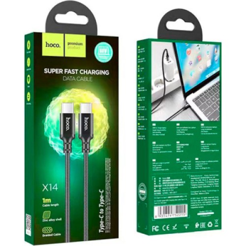 Дата кабель USB-C to USB-C 1.0m 60W nylon X14 black HOCO (6931474752215)