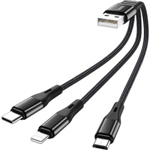 Дата кабель USB 2.0 AM to Lightning+USB-C+Micro 5P 0.25m 2.4A nylon X47 black HOCO (6931474727398)