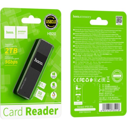 Считыватель флеш-карт HOCO USB3.0 to microSD, microSDHC, microSDXC, SD, SDHC, SDXC, HB20 Black (6931474735218)