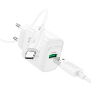 Зарядное устройство HOCO C140A Smart USB QC3.0 + cable USB to USB-C White (6942007627832)