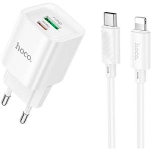 Зарядное устройство HOCO C147A Charm 1xUSB-C PD20W + 1xUSB QC3.0 + cable USB-C to Lightning White (6942007630283)