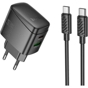 Зарядний пристрій HOCO CS61A Bright 1xUSB-C PD30W + 1xUSB QC3.0 + cable USB-C to USB-C Black (6942007638449)
