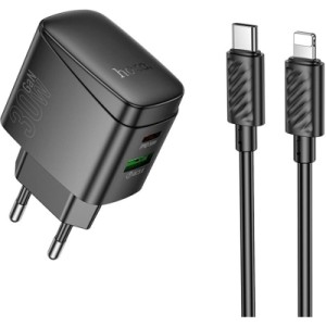 Зарядний пристрій HOCO CS61A Bright 1xUSB-C PD30W + 1xUSB QC3.0 + cable USB-C to Lightning Black (6942007638432)