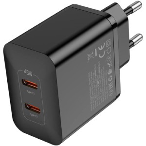 Зарядний пристрій HOCO N35 Streamer 2xUSB-C PD45W GaN Black (6931474797193)