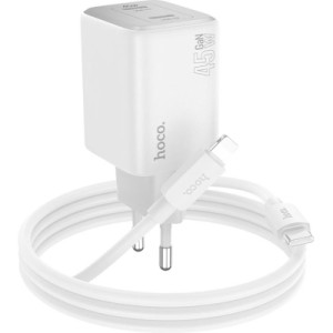 Зарядний пристрій HOCO N42 Elogiado 2xUSB-C PD45W + cable USB-C to Lightning White (6942007617116)