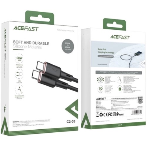 Дата кабель USB-C to USB-C 1.2m 3A 60W silicone C2-03 black Acefast (6974316280729)