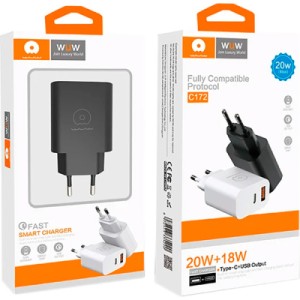 Зарядное устройство WUW C172 1xUSB-C PD20W + 1xUSB QC3.0 18W White (с172W)