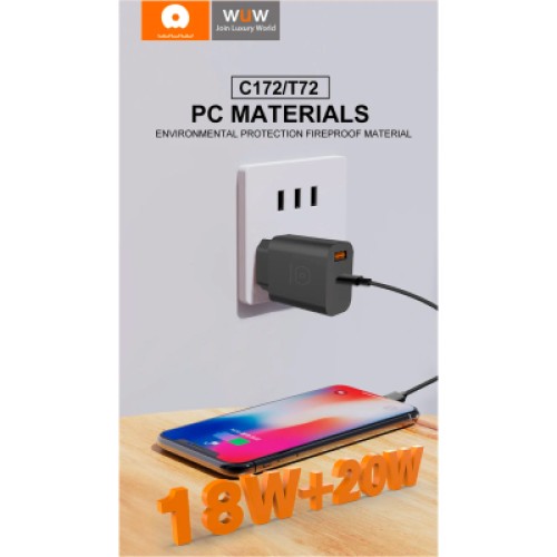 Зарядное устройство WUW C172 1xUSB-C PD20W + 1xUSB QC3.0 18W White (с172W)