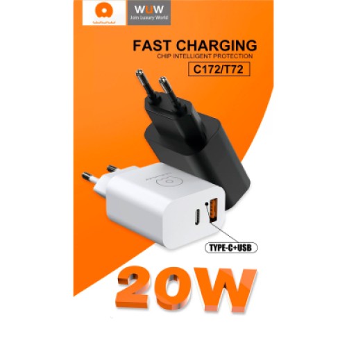 Зарядное устройство WUW C172 1xUSB-C PD20W + 1xUSB QC3.0 18W White (с172W)
