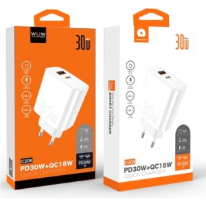 Зарядное устройство WUW C208 1xUSB-C PD30W + 1xUSB QC3.0 18W White (6972573333417)