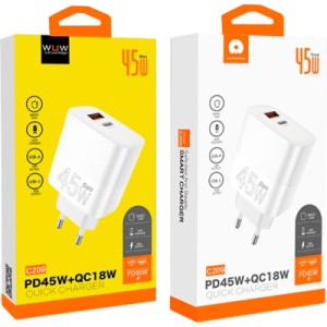 Зарядний пристрій WUW C209 1xUSB-C PD45W + 1xUSB QC3.0 18W White (WUW-C209)