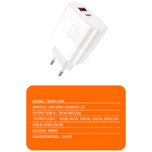 Зарядное устройство WUW C209 1xUSB-C PD45W + 1xUSB QC3.0 18W White (WUW-C209)