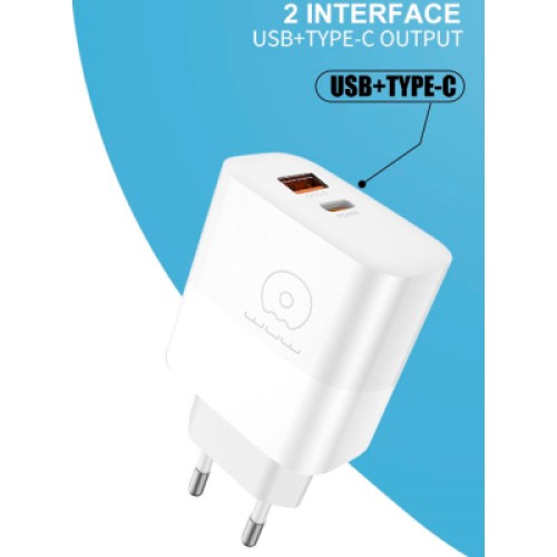 Зарядное устройство WUW C209 1xUSB-C PD45W + 1xUSB QC3.0 18W White (WUW-C209)