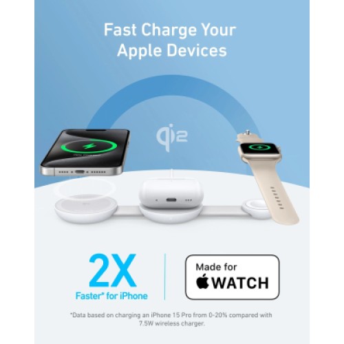 Зарядное устройство Anker MagGo Wireless Charging Pad 15W 3-in-1 Foldable White (B25M8H21)