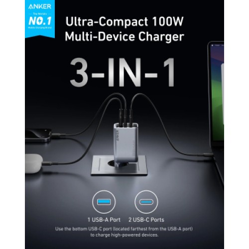 Зарядное устройство Anker GaNPrime 100W 2xUSB-C PD + 1xUSB-A Foldable Silver (A2688341)