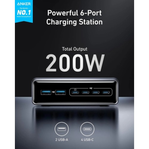 Зарядное устройство Anker GaNPrime 200W 4xUSB-C PD + 2xUSB-A Black (A2683341)