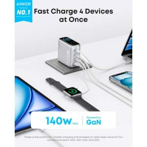 Зарядное устройство Anker Laptop GaN 140W 3xUSB-C PD3.1 + USB-A + display + cable Silver (B2697G41)