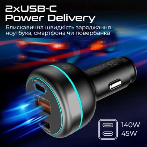 Зарядное устройство Promate 2xUSB-C PD + USB-A QC3.0 (powerdrive-230)