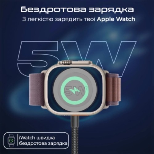 Дата кабель USB-C to 2xUSB-C 100W + Apple Watch 5W 1.4m FUSION-CCW black Promate (fusion-ccw.black)