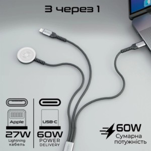 Дата кабель USB-C to Lightning 27W + USB-C 60W + Apple Watch 2.5W 1.5m icharge trio black Promate (icharge-trio.black)