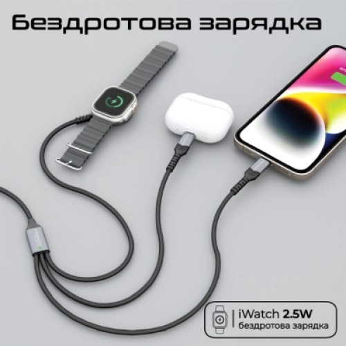 Дата кабель USB-C to Lightning 27W + USB-C 60W + Apple Watch 2.5W 1.5m icharge trio black Promate (icharge-trio.black)
