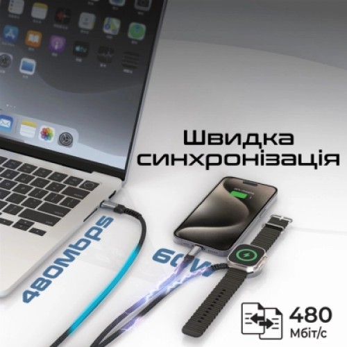 Дата кабель USB-C to Lightning 27W + USB-C 60W + Apple Watch 2.5W 1.5m icharge trio black Promate (icharge-trio.black)