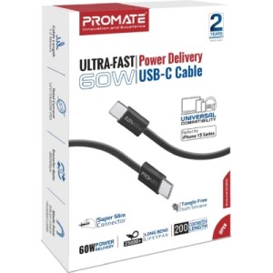 Дата кабель USB-C to USB-C 2.0m 60W PD EcoLine-CC200 black Promate (ecoline-cc200.black)
