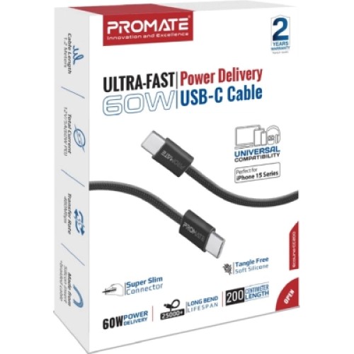 Дата кабель USB-C to USB-C 2.0m 60W PD EcoLine-CC200 black Promate (ecoline-cc200.black)