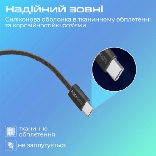 Дата кабель USB-C to USB-C 2.0m 60W PD EcoLine-CC200 black Promate (ecoline-cc200.black)