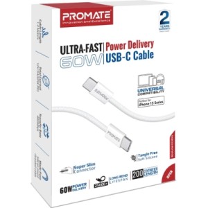 Дата кабель USB-C to USB-C 2.0m 60W PD EcoLine-CC200 white Promate (ecoline-cc200.white)