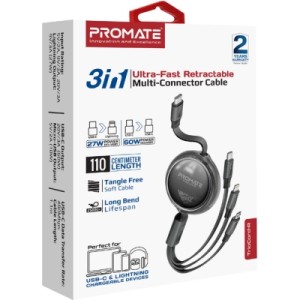Дата кабель USB-C to Lightning 1.1m 27W + USB-C 60W + Micro USB TrioCord-R black Promate (triocord-r.black)