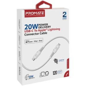 Дата кабель USB-C to Lightning 1.2m 20W PD MFi black Promate (powerline-ci120.white)