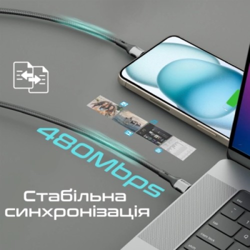 Дата кабель USB-C to USB-C 1.2m 60W PD FletchLink-CC black Promate (fletchlink-cc.black)
