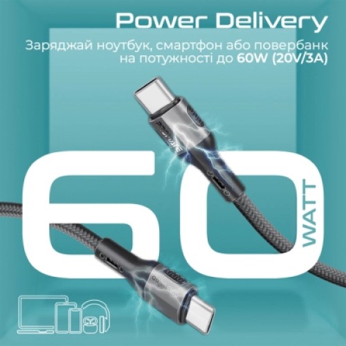 Дата кабель USB-C to USB-C 1.2m 60W PD FletchLink-CC black Promate (fletchlink-cc.black)