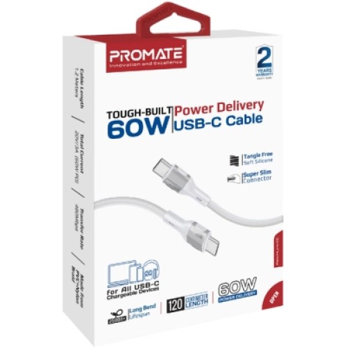 Дата кабель USB-C to USB-C 1.2m 60W PD FletchLink-CC grey Promate (fletchlink-cc.grey)