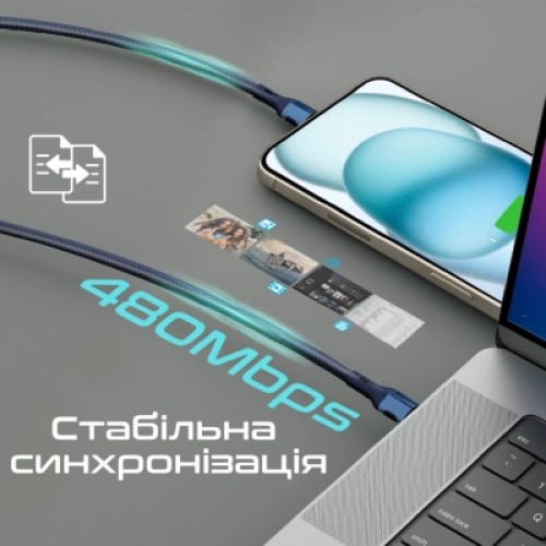 Дата кабель USB-C to USB-C 1.2m 60W PD FletchLink-CC blue Promate (fletchlink-cc.blue)