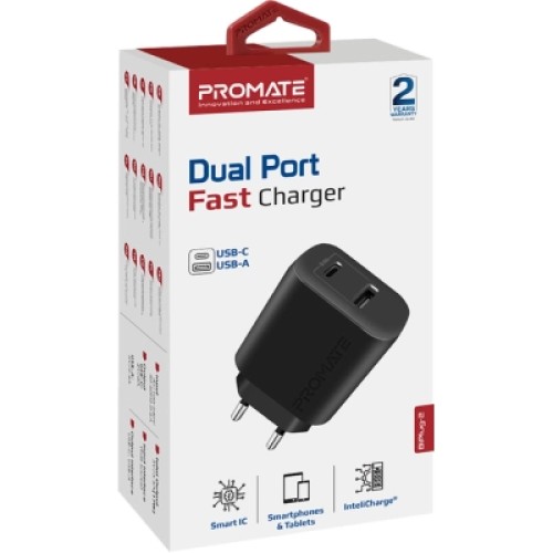 Зарядное устройство Promate 17W USB-C + USB-A (biplug-2.black)