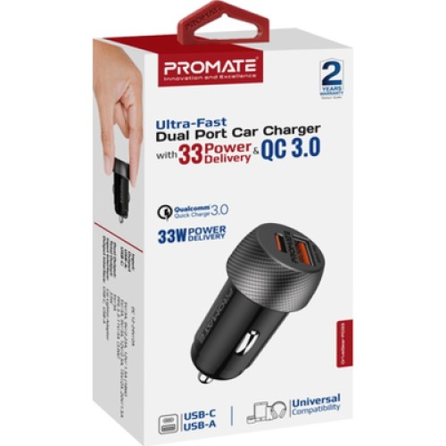 Зарядное устройство Promate drivegear-pd33 USB-C PD33W + USB-A QC3.0 Black (drivegear-pd33)