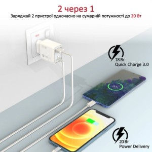 Зарядное устройство Promate 20W PD Lightning + USB QC3.0 (icharge-pdqc3.white)